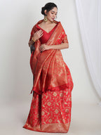 Janasya Red Silk Blend Geometric Jacquard Saree | Grocsy