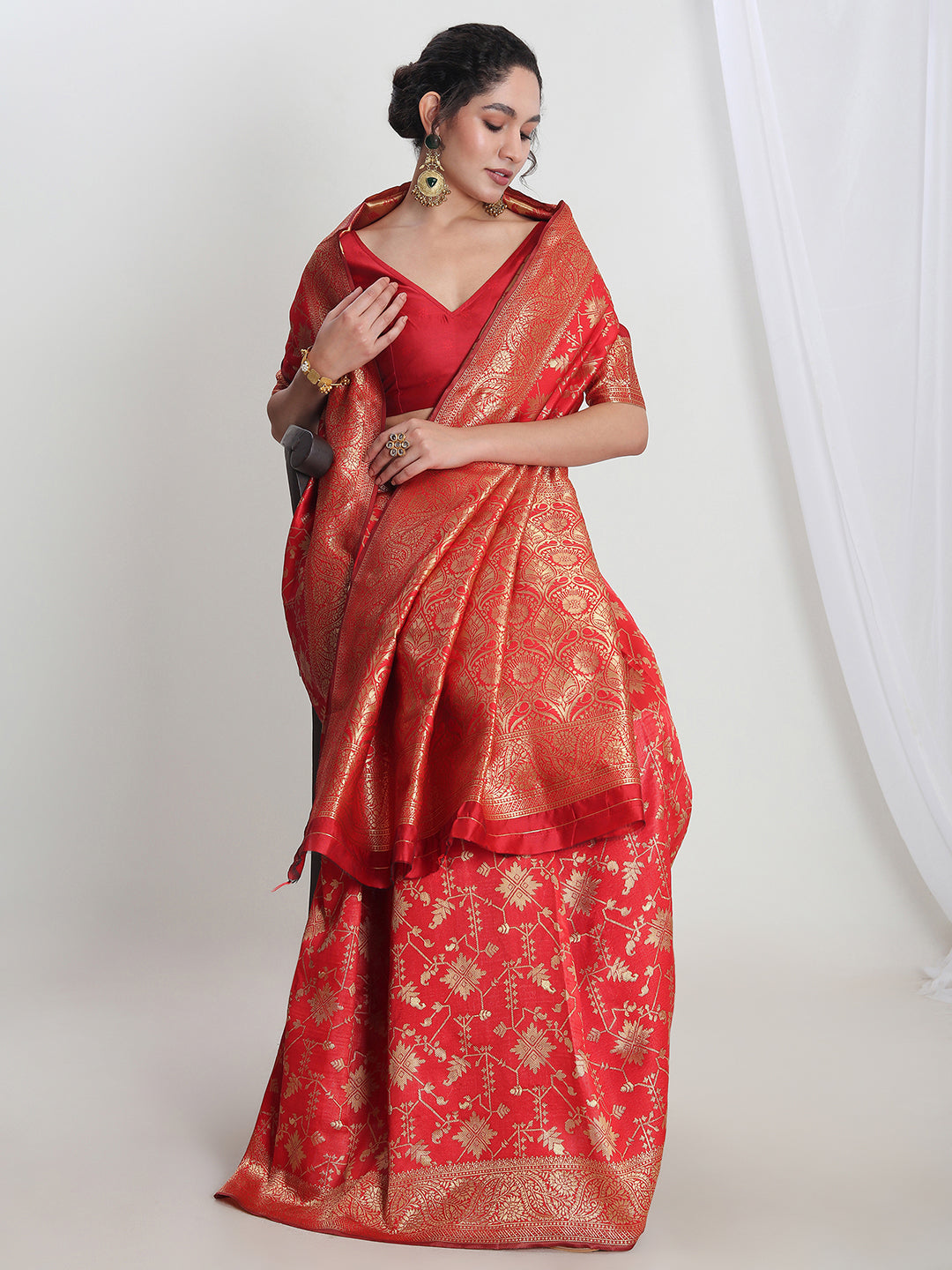 Janasya Red Silk Blend Geometric Jacquard Saree | Grocsy