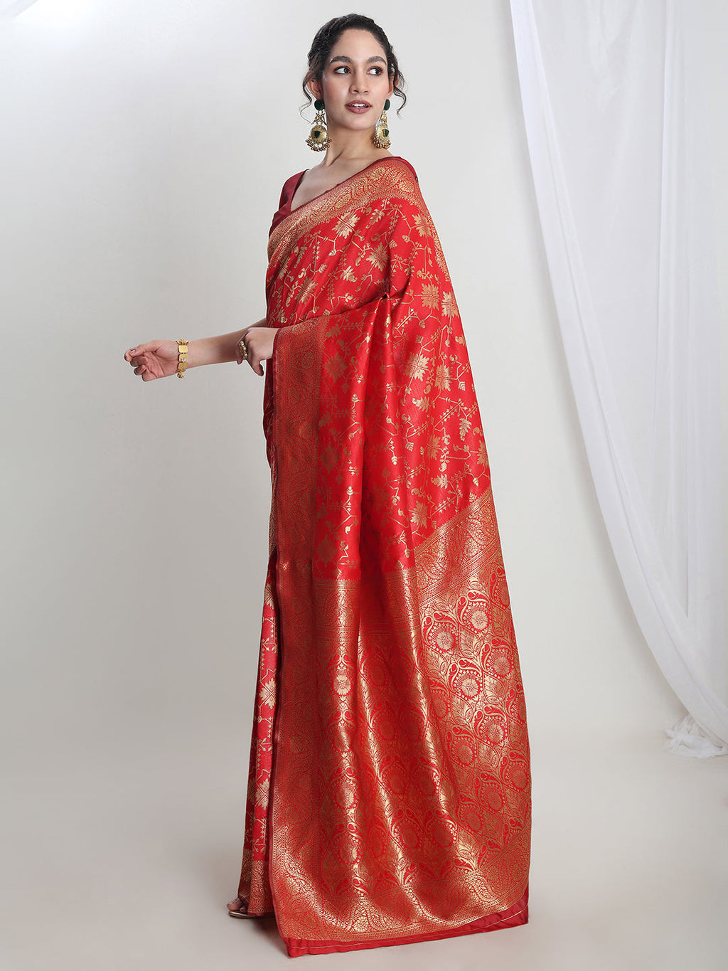 Janasya Red Silk Blend Geometric Jacquard Saree | Grocsy