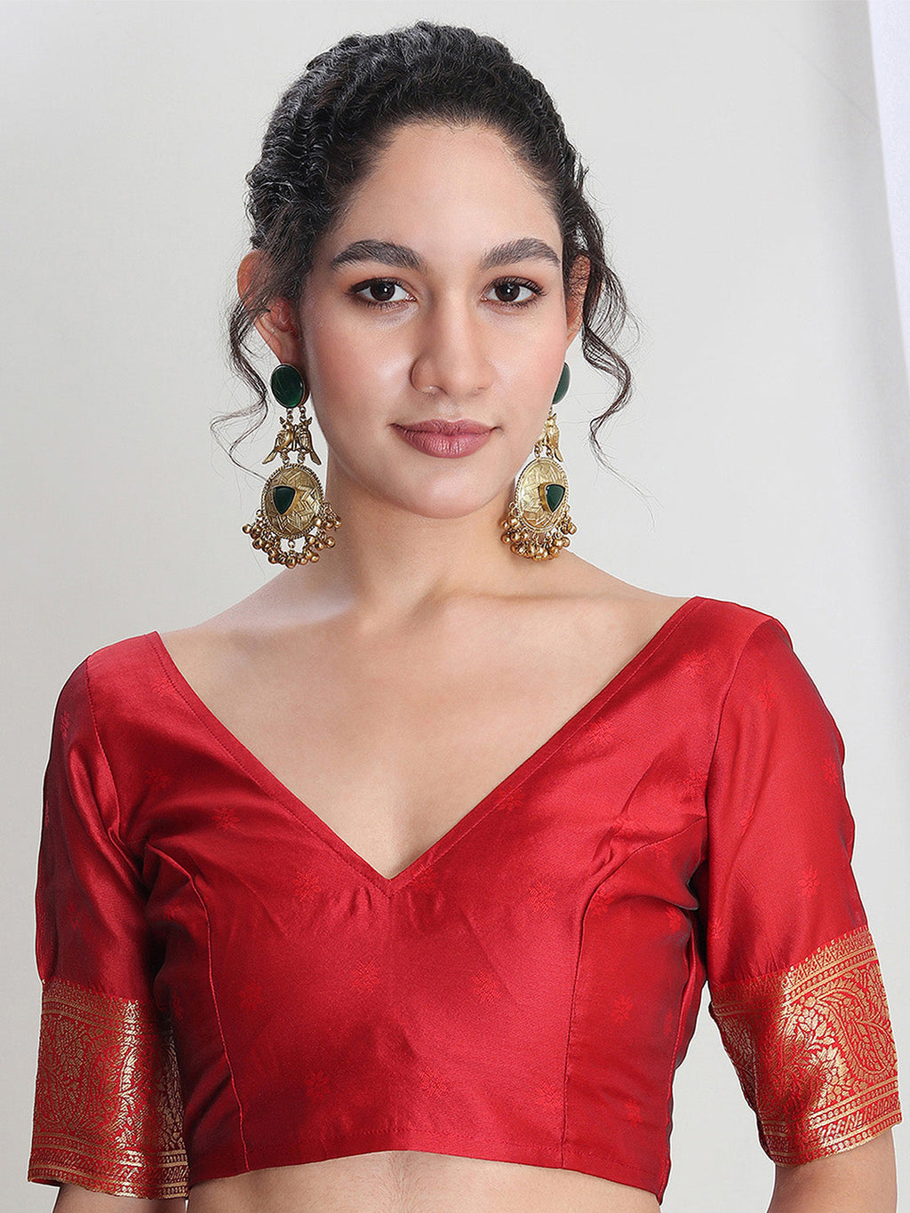 Janasya Red Silk Blend Geometric Jacquard Saree | Grocsy