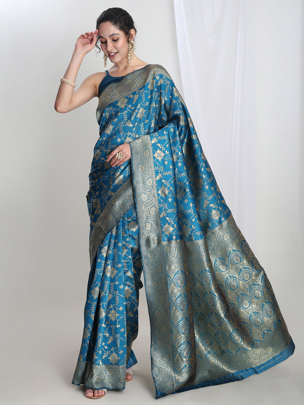 Janasya Teal Blue Silk Blend Geometric Jacquard Saree | Grocsy