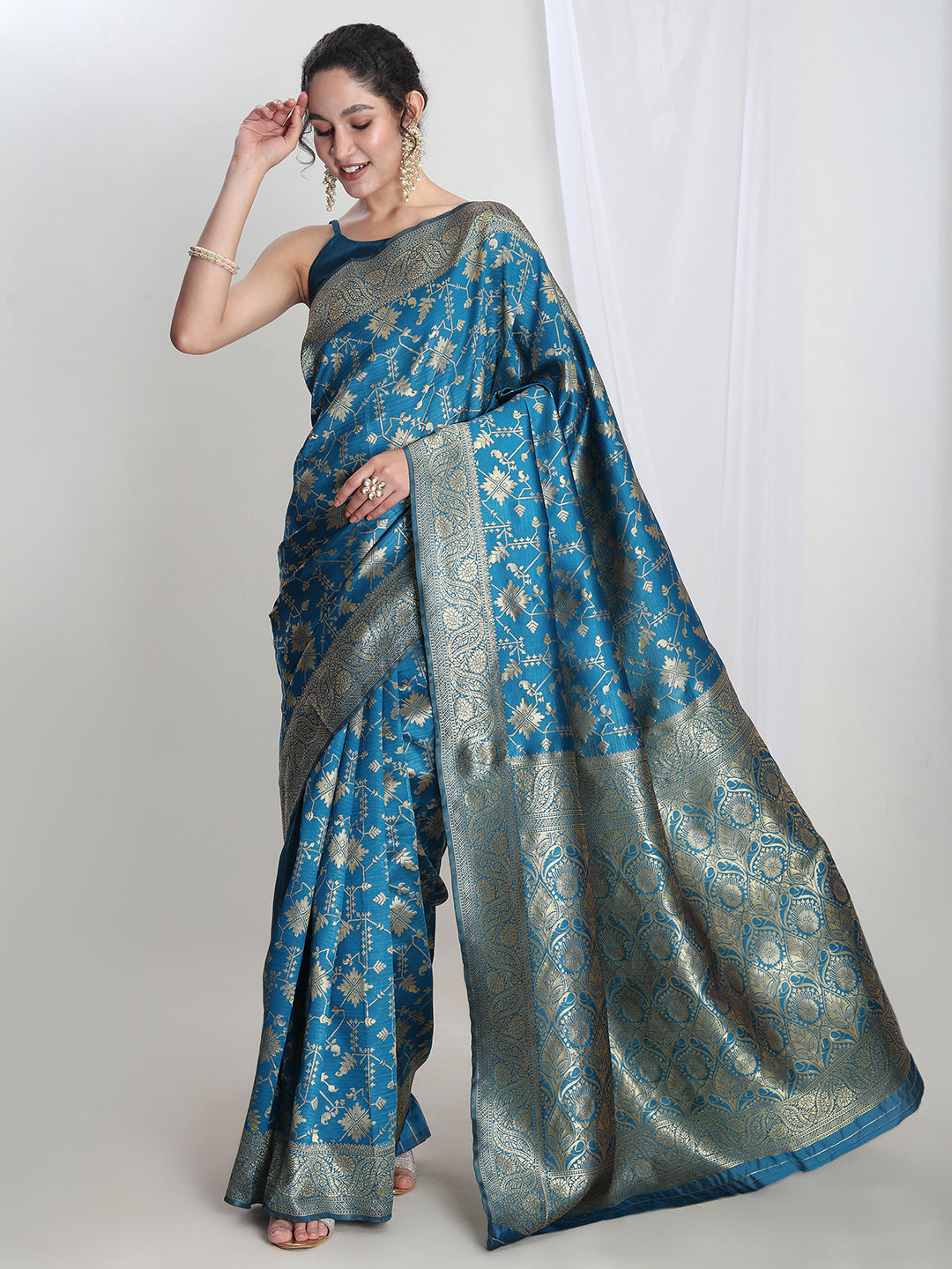 Janasya Teal Blue Silk Blend Geometric Jacquard Saree | Grocsy