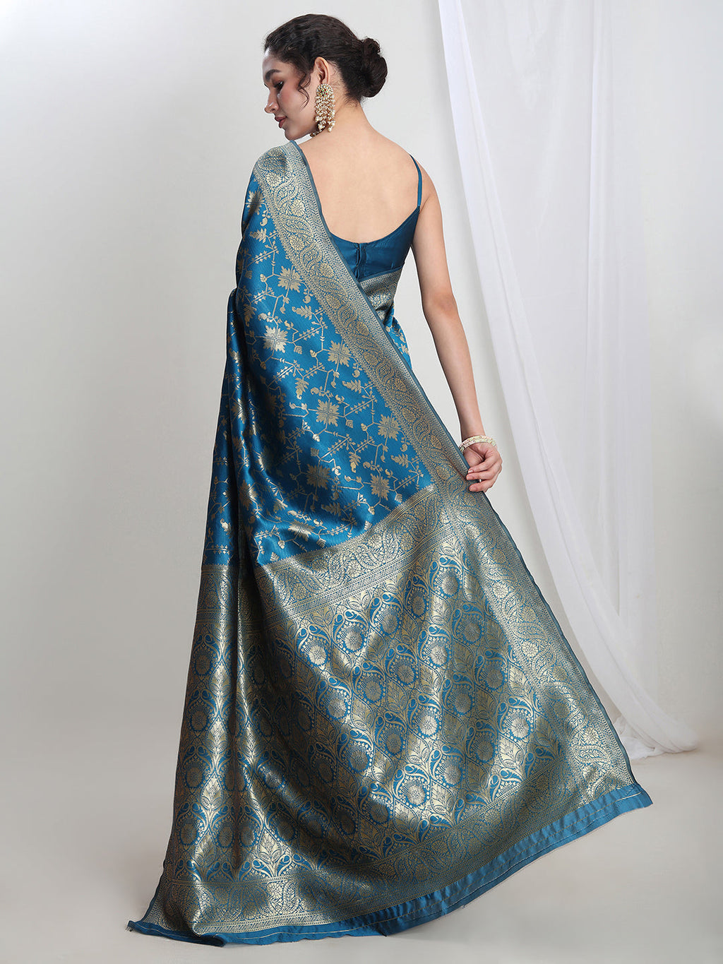 Janasya Teal Blue Silk Blend Geometric Jacquard Saree | Grocsy