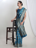 Janasya Teal Blue Silk Blend Geometric Jacquard Saree | Grocsy