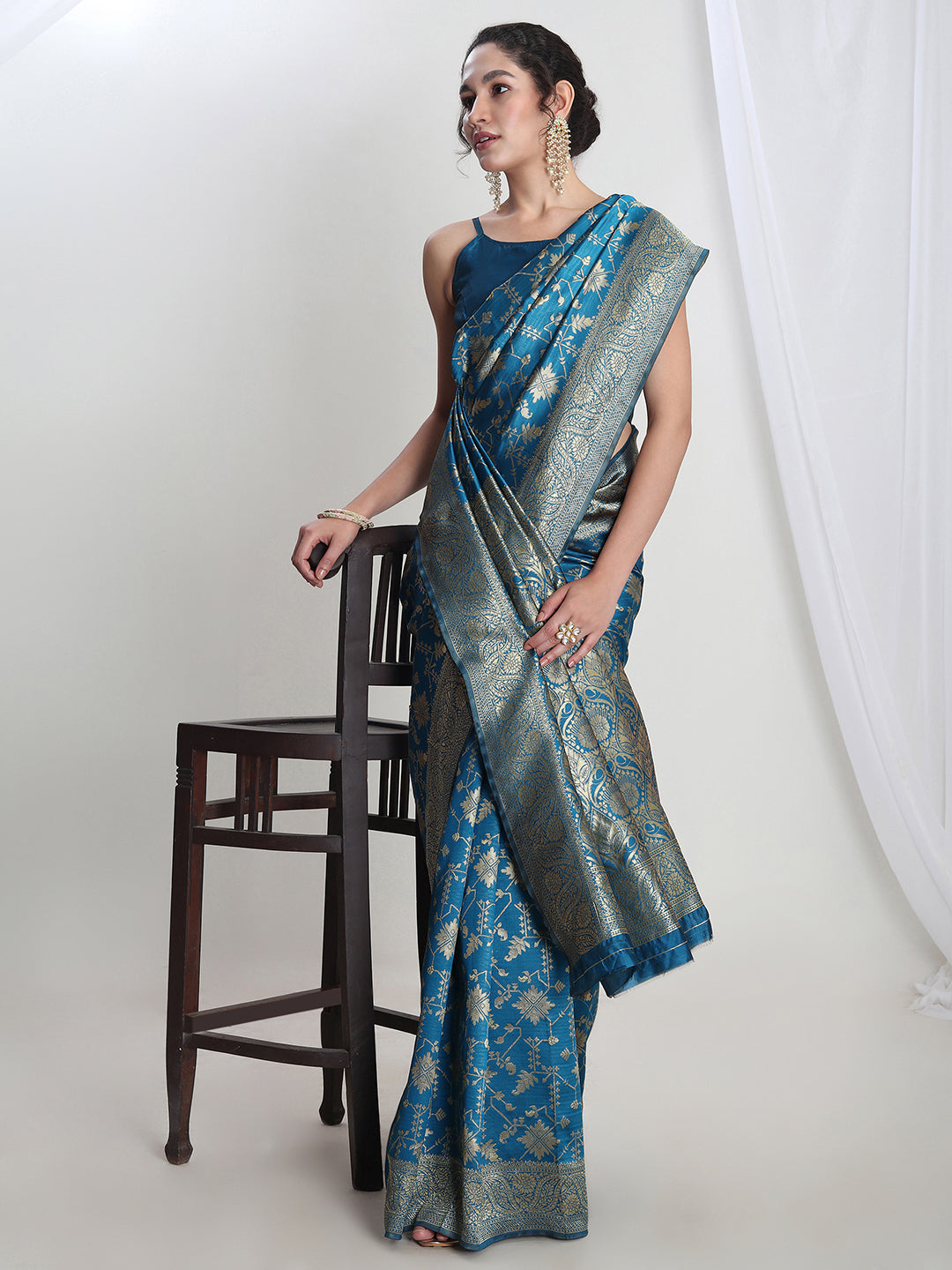 Janasya Teal Blue Silk Blend Geometric Jacquard Saree | Grocsy