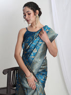 Janasya Teal Blue Silk Blend Geometric Jacquard Saree | Grocsy