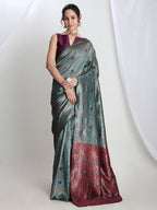 Janasya Sea Green Silk Blend Floral Jacquard Saree | Grocsy