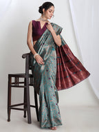Janasya Sea Green Silk Blend Floral Jacquard Saree | Grocsy