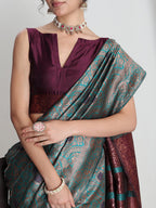 Janasya Sea Green Silk Blend Floral Jacquard Saree | Grocsy