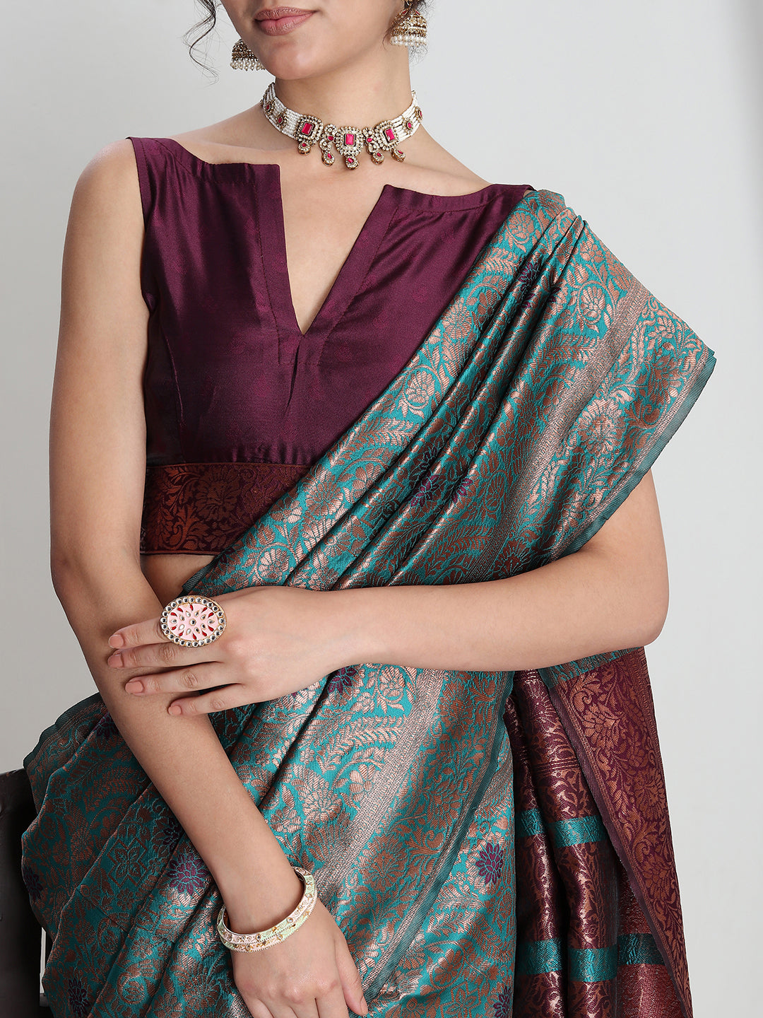 Janasya Sea Green Silk Blend Floral Jacquard Saree | Grocsy