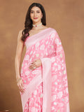 Janasya Light Pink Silk Blend Floral Jacquard Saree | Grocsy
