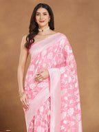 Janasya Light Pink Silk Blend Floral Jacquard Saree | Grocsy