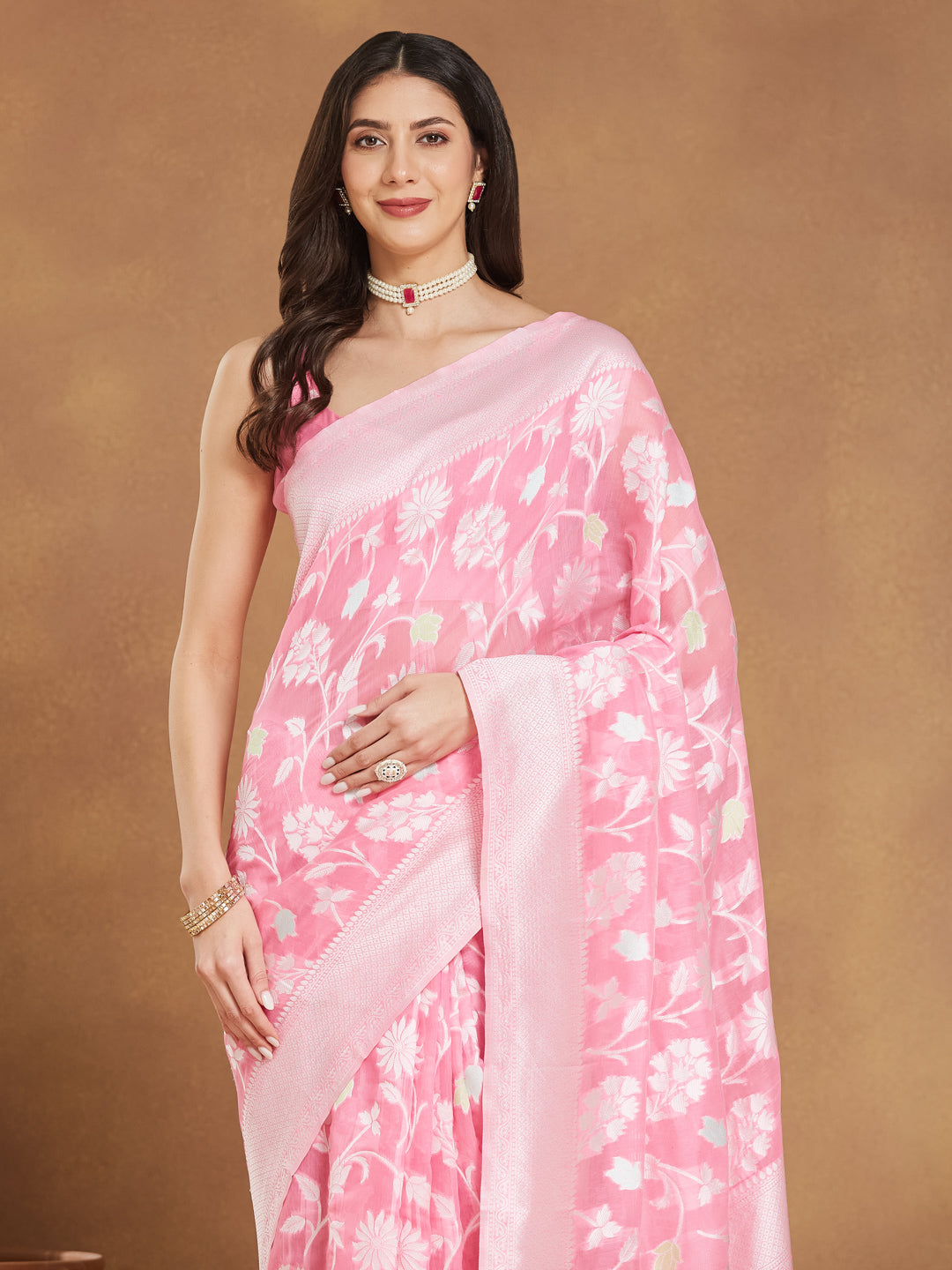 Janasya Light Pink Silk Blend Floral Jacquard Saree | Grocsy