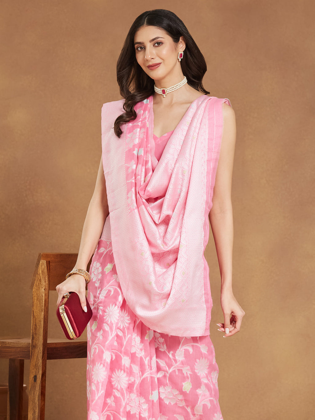 Janasya Light Pink Silk Blend Floral Jacquard Saree | Grocsy