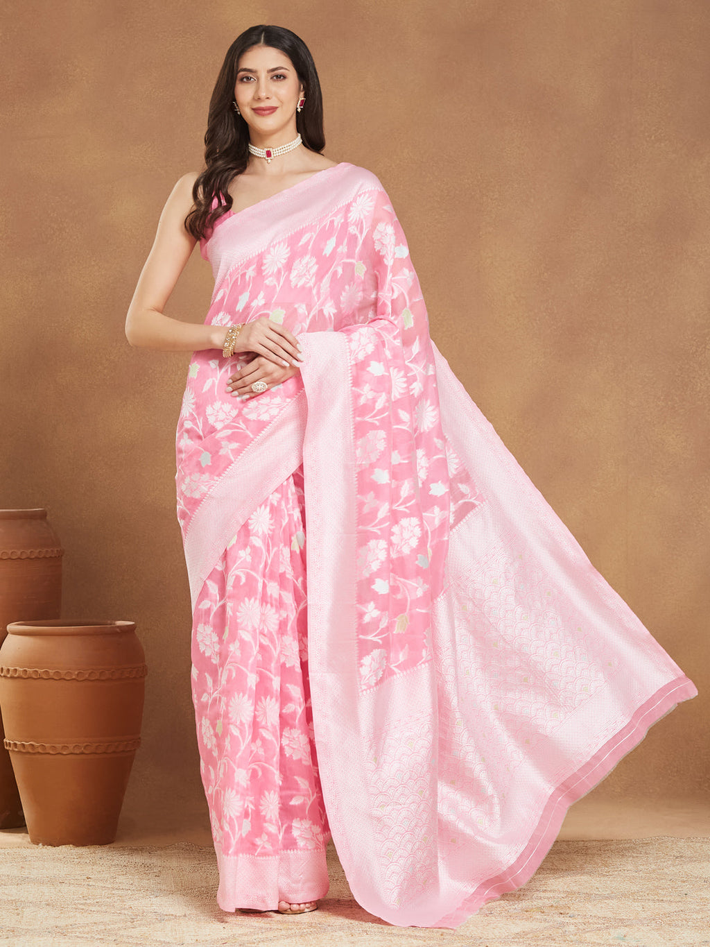 Janasya Light Pink Silk Blend Floral Jacquard Saree | Grocsy