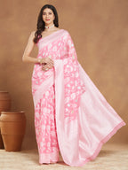 Janasya Light Pink Silk Blend Floral Jacquard Saree | Grocsy