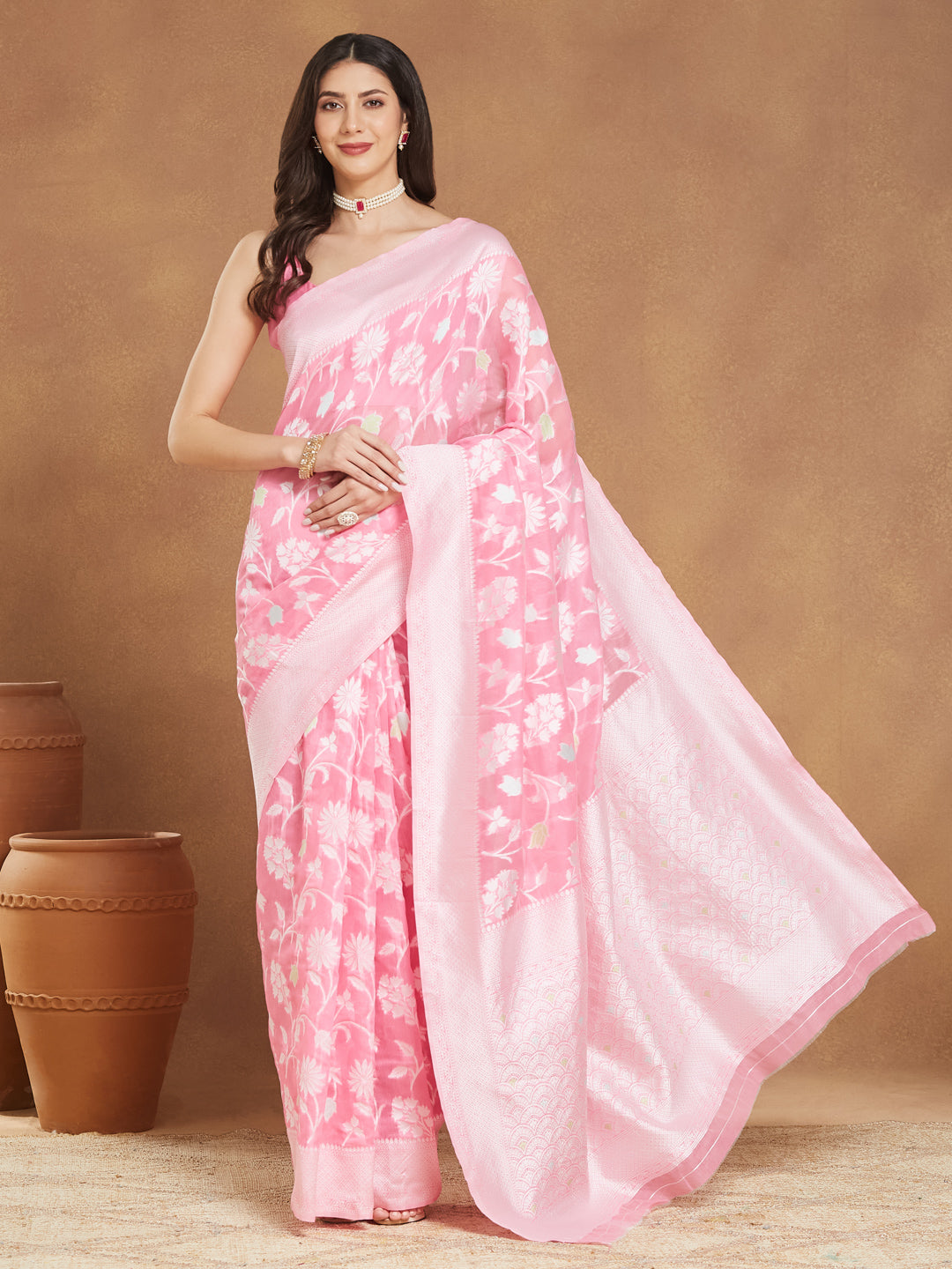 Janasya Light Pink Silk Blend Floral Jacquard Saree | Grocsy