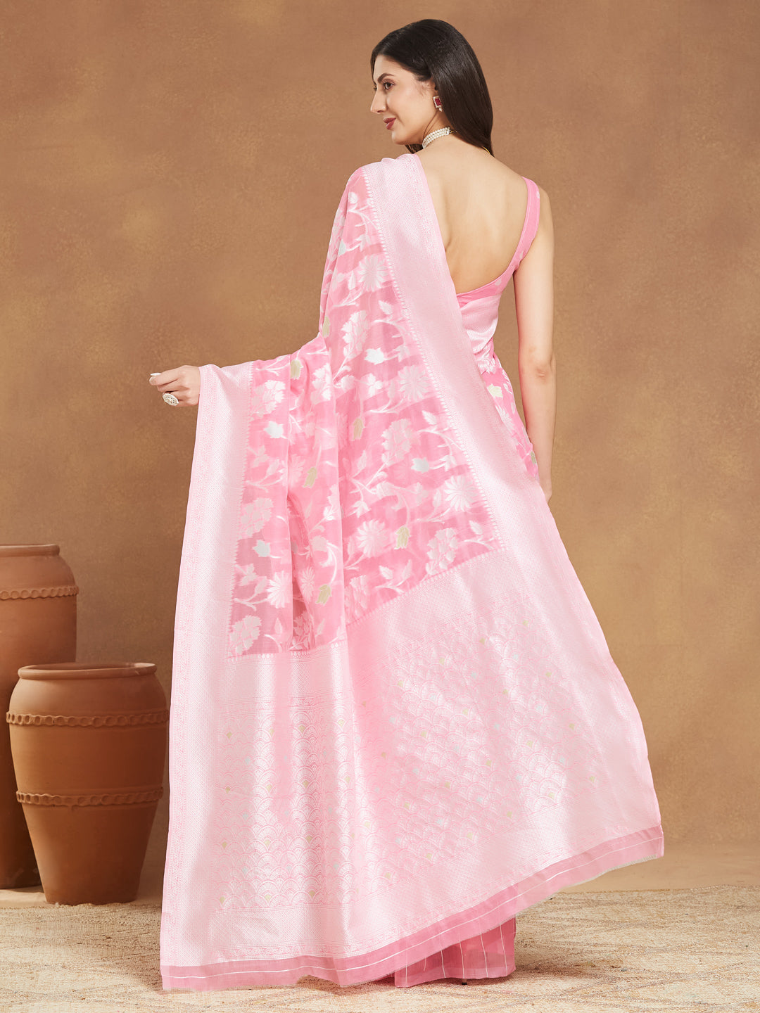 Janasya Light Pink Silk Blend Floral Jacquard Saree | Grocsy