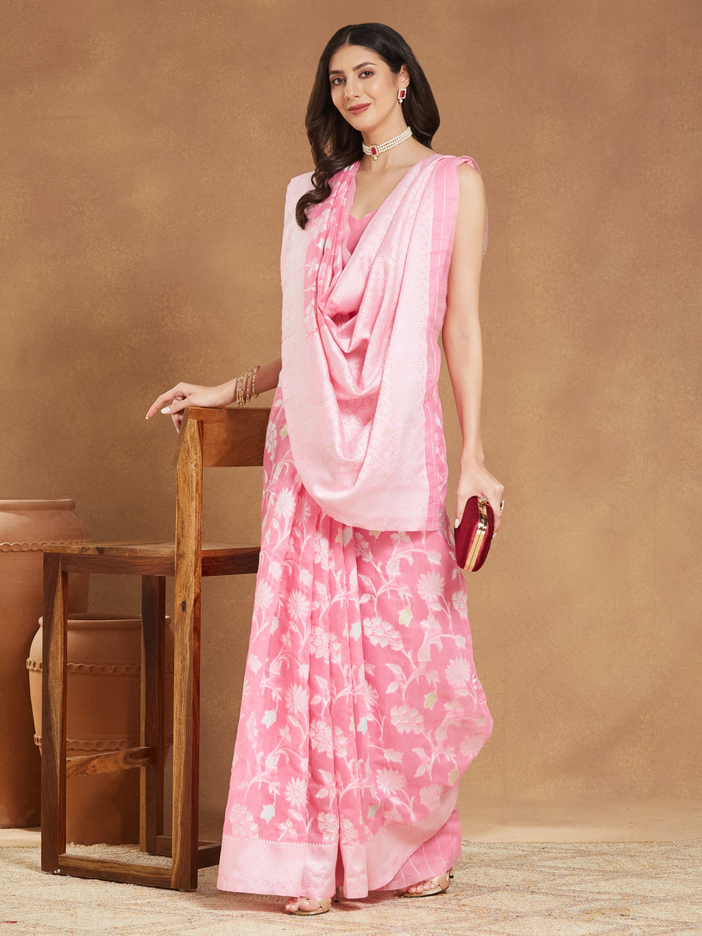 Janasya Light Pink Silk Blend Floral Jacquard Saree | Grocsy
