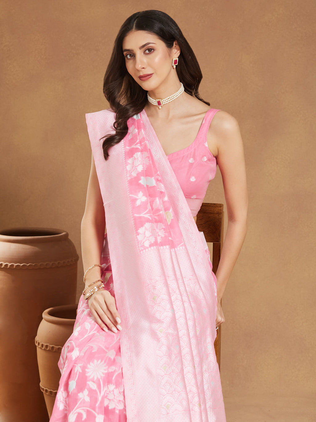 Janasya Light Pink Silk Blend Floral Jacquard Saree | Grocsy