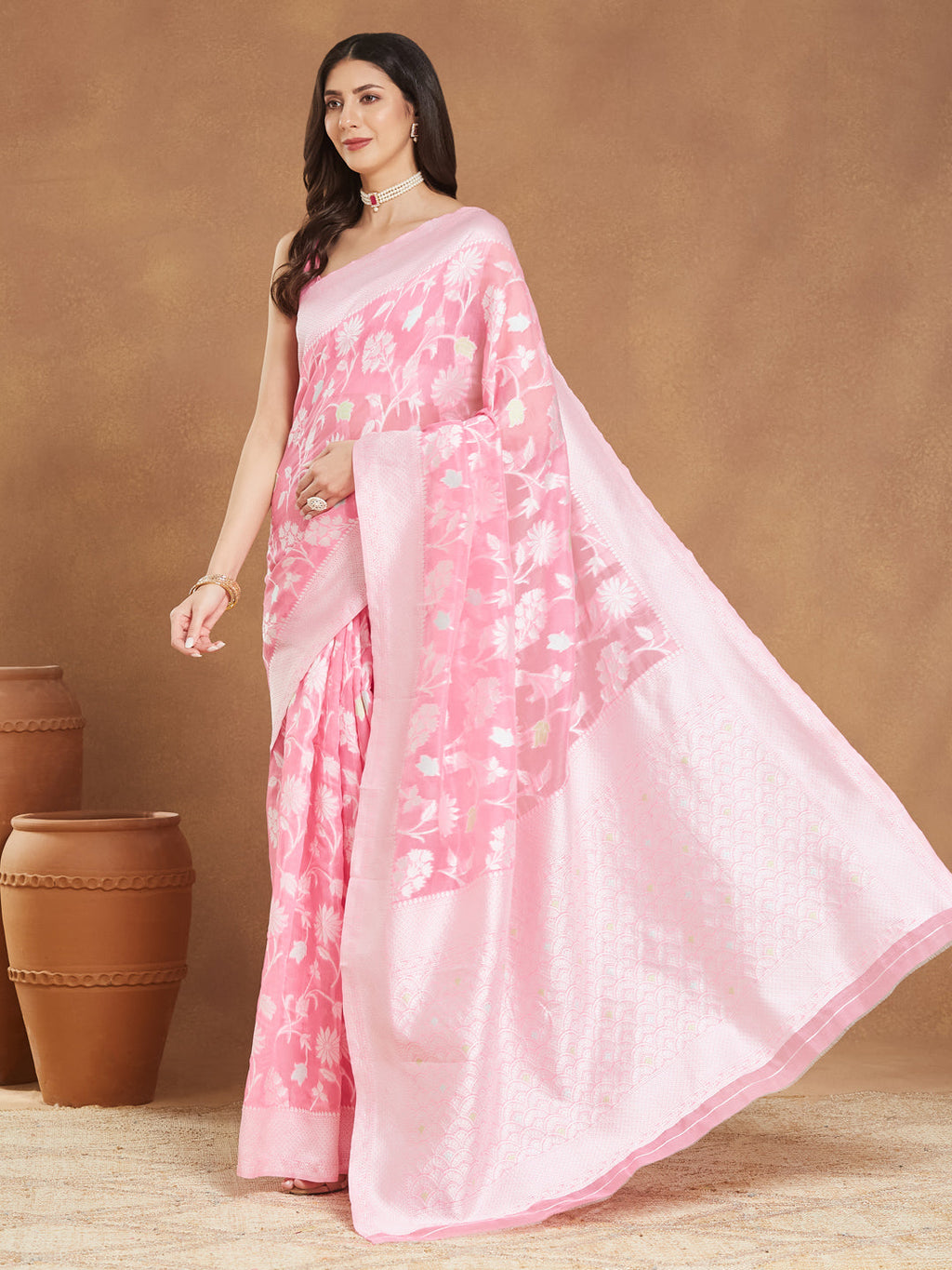 Janasya Light Pink Silk Blend Floral Jacquard Saree | Grocsy