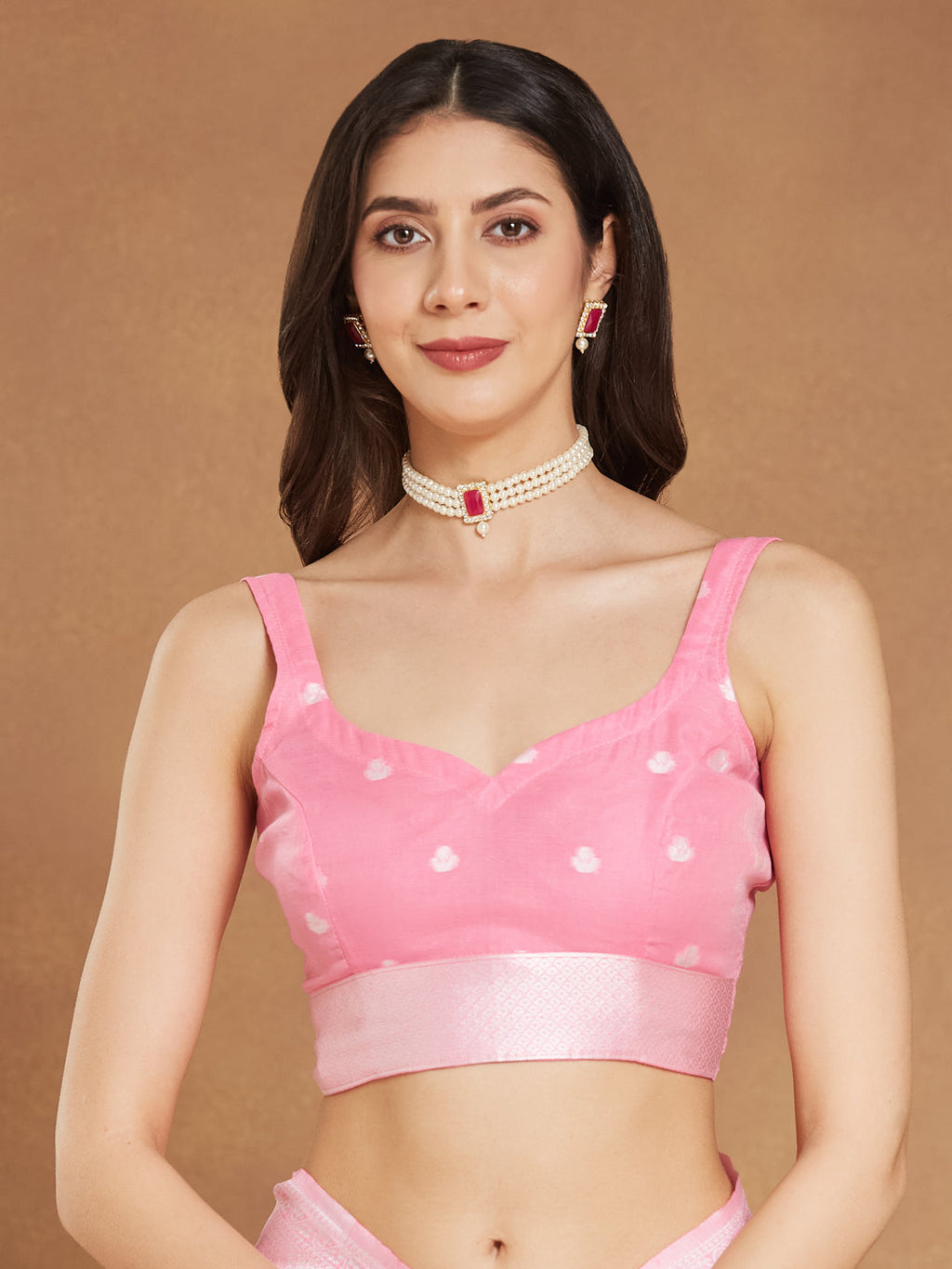 Janasya Light Pink Silk Blend Floral Jacquard Saree | Grocsy