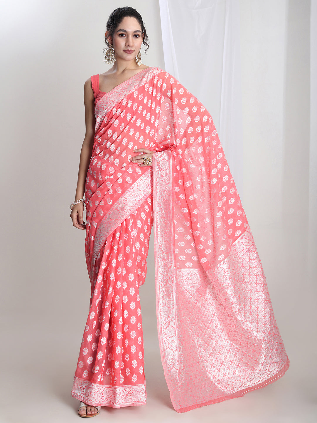 Janasya Coral Silk Blend Floral Jacquard Saree | Grocsy