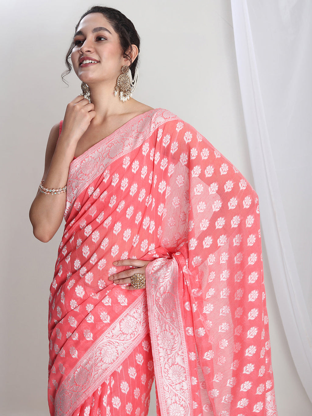 Janasya Coral Silk Blend Floral Jacquard Saree | Grocsy