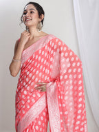Janasya Coral Silk Blend Floral Jacquard Saree | Grocsy