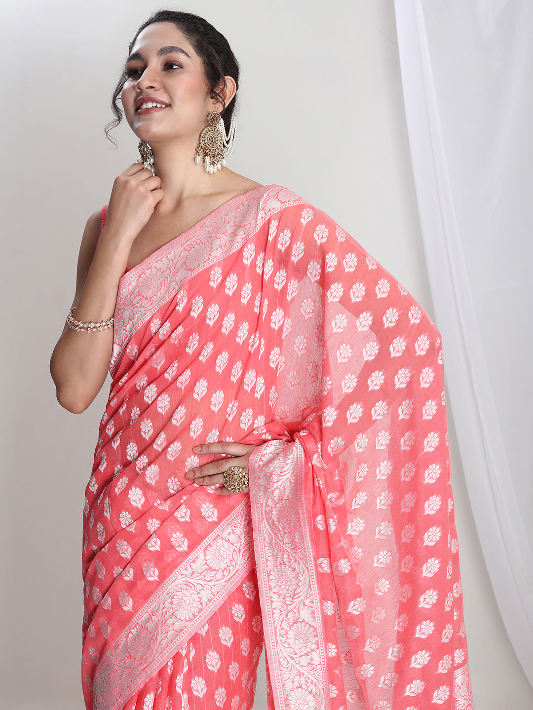 Janasya Coral Silk Blend Floral Jacquard Saree | Grocsy