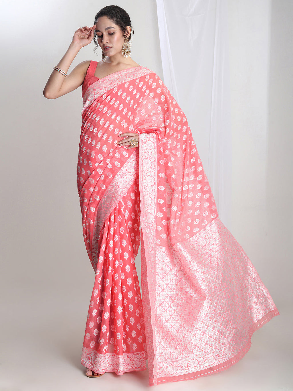 Janasya Coral Silk Blend Floral Jacquard Saree | Grocsy