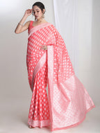 Janasya Coral Silk Blend Floral Jacquard Saree | Grocsy