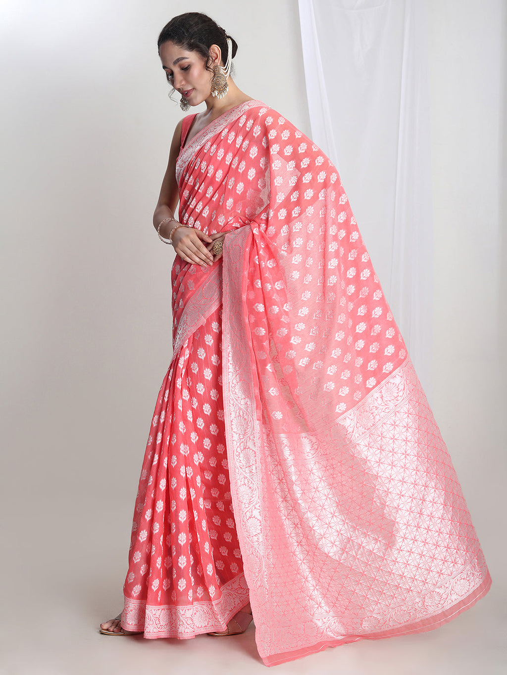 Janasya Coral Silk Blend Floral Jacquard Saree | Grocsy