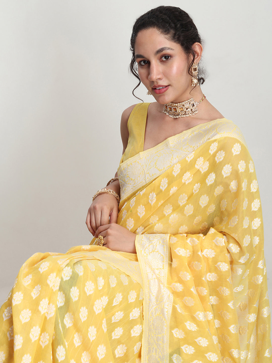 Janasya Yellow Silk Blend Floral Jacquard Saree | Grocsy