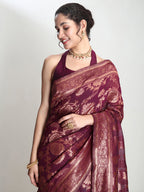 Janasya Purple Silk Blend Floral Jacquard Saree | Grocsy