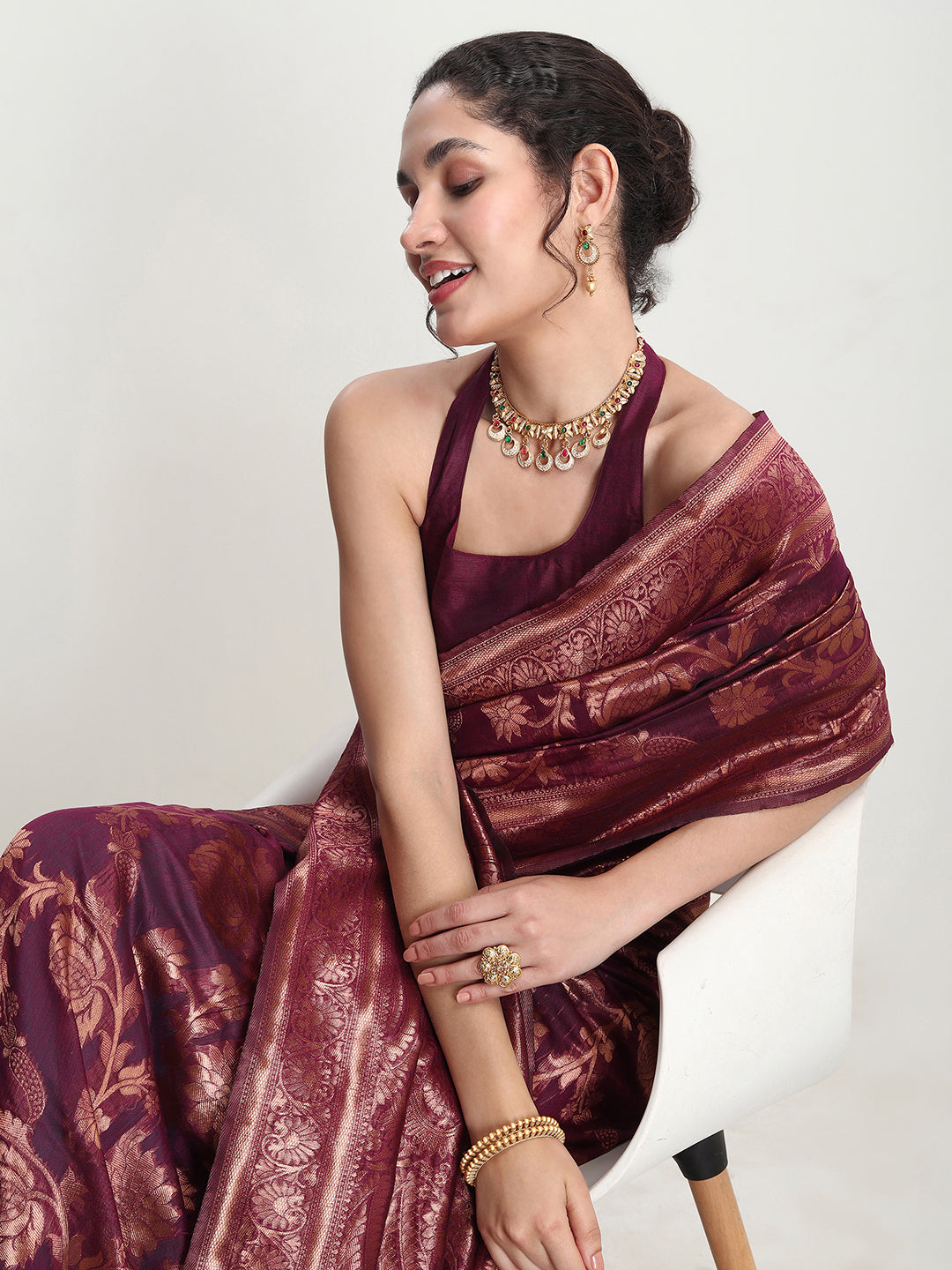 Janasya Purple Silk Blend Floral Jacquard Saree | Grocsy
