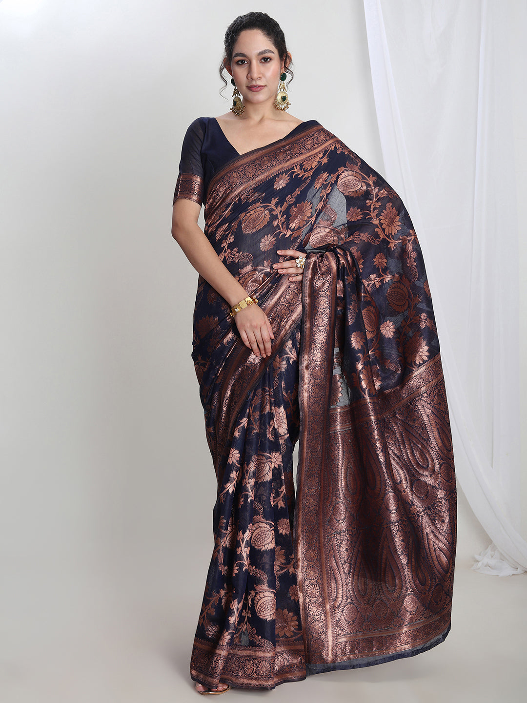 Janasya Navy Blue Silk Blend Floral Jacquard Saree | Grocsy