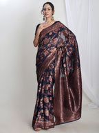Janasya Navy Blue Silk Blend Floral Jacquard Saree | Grocsy