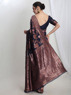 Janasya Navy Blue Silk Blend Floral Jacquard Saree | Grocsy