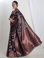 Janasya Navy Blue Silk Blend Floral Jacquard Saree | Grocsy
