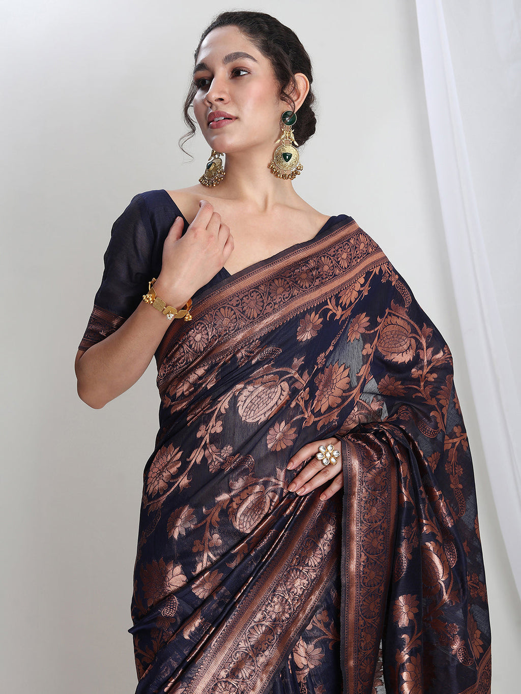 Janasya Navy Blue Silk Blend Floral Jacquard Saree | Grocsy