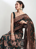 Janasya Dark Green Silk Blend Floral Jacquard Saree | Grocsy