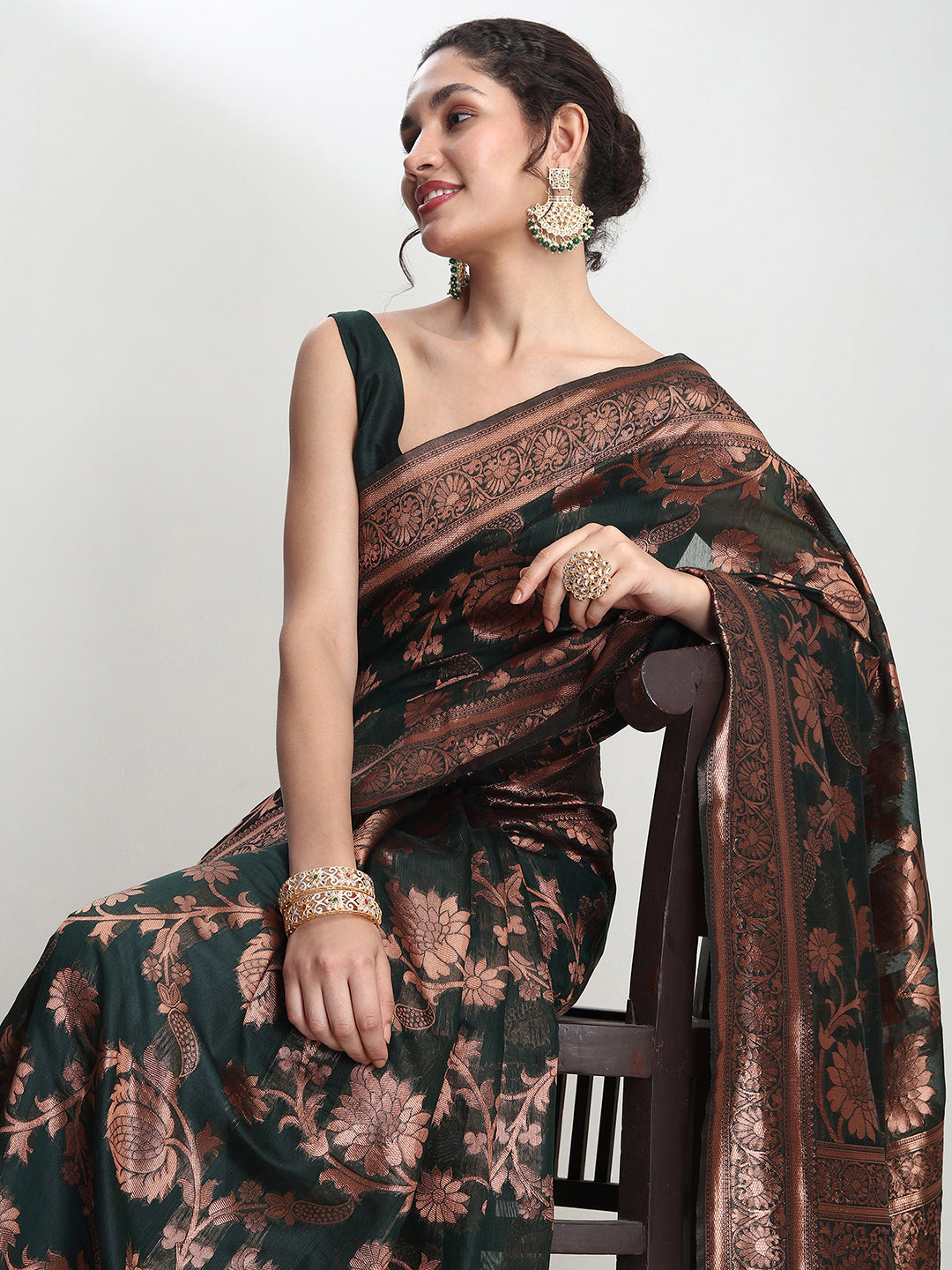 Janasya Dark Green Silk Blend Floral Jacquard Saree | Grocsy