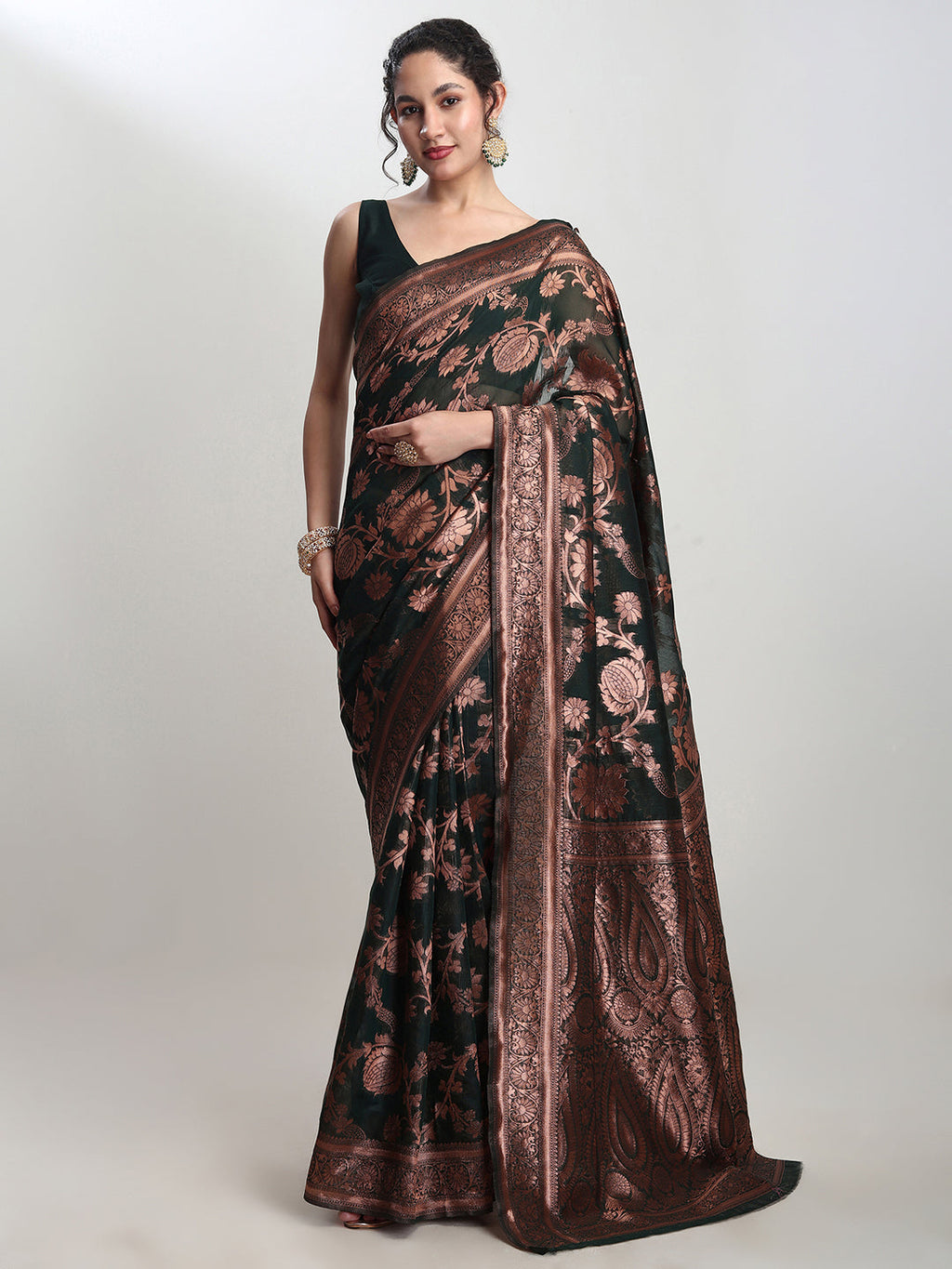 Janasya Dark Green Silk Blend Floral Jacquard Saree | Grocsy