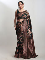 Janasya Dark Green Silk Blend Floral Jacquard Saree | Grocsy