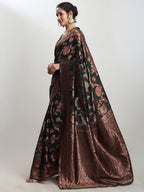 Janasya Dark Green Silk Blend Floral Jacquard Saree | Grocsy