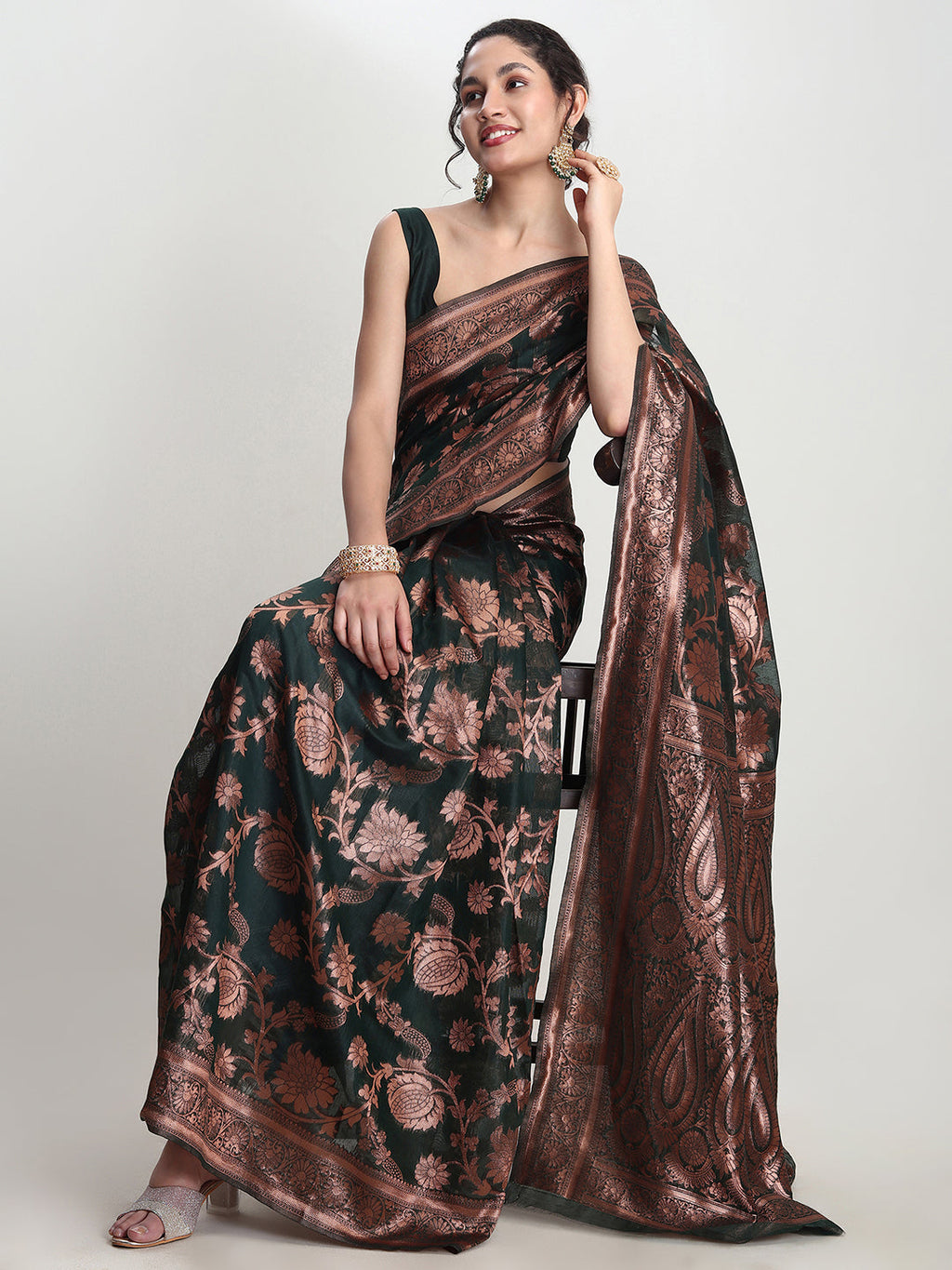 Janasya Dark Green Silk Blend Floral Jacquard Saree | Grocsy