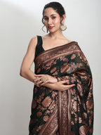 Janasya Dark Green Silk Blend Floral Jacquard Saree | Grocsy