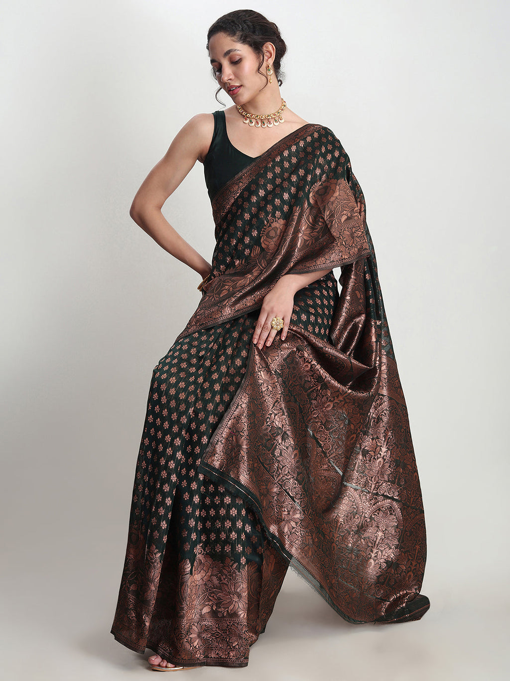 Janasya Dark Green Silk Blend Floral Jacquard Saree | Grocsy