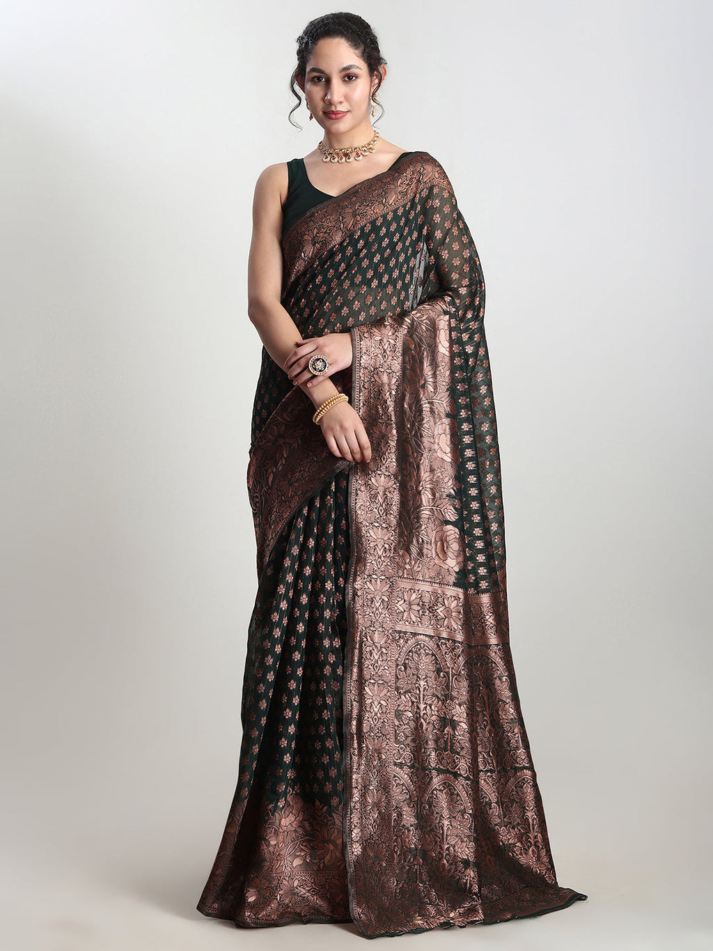 Janasya Dark Green Silk Blend Floral Jacquard Saree | Grocsy